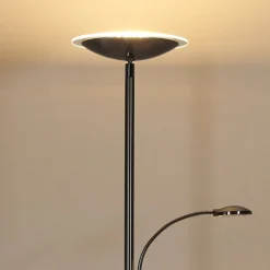 Lindby LED-gulvlampe Malea, nikkel, læselampe, dæmpbar