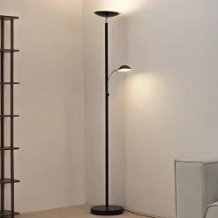 Lindby LED-gulvlampe Malea, sort, læselampe, dæmpbar