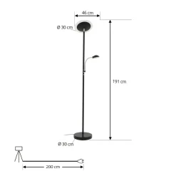 Lindby LED-gulvlampe Malea, sort, læselampe, dæmpbar