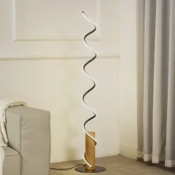 Lindby LED-gulvlampe Spiraali, grå, træ, højde 133 cm