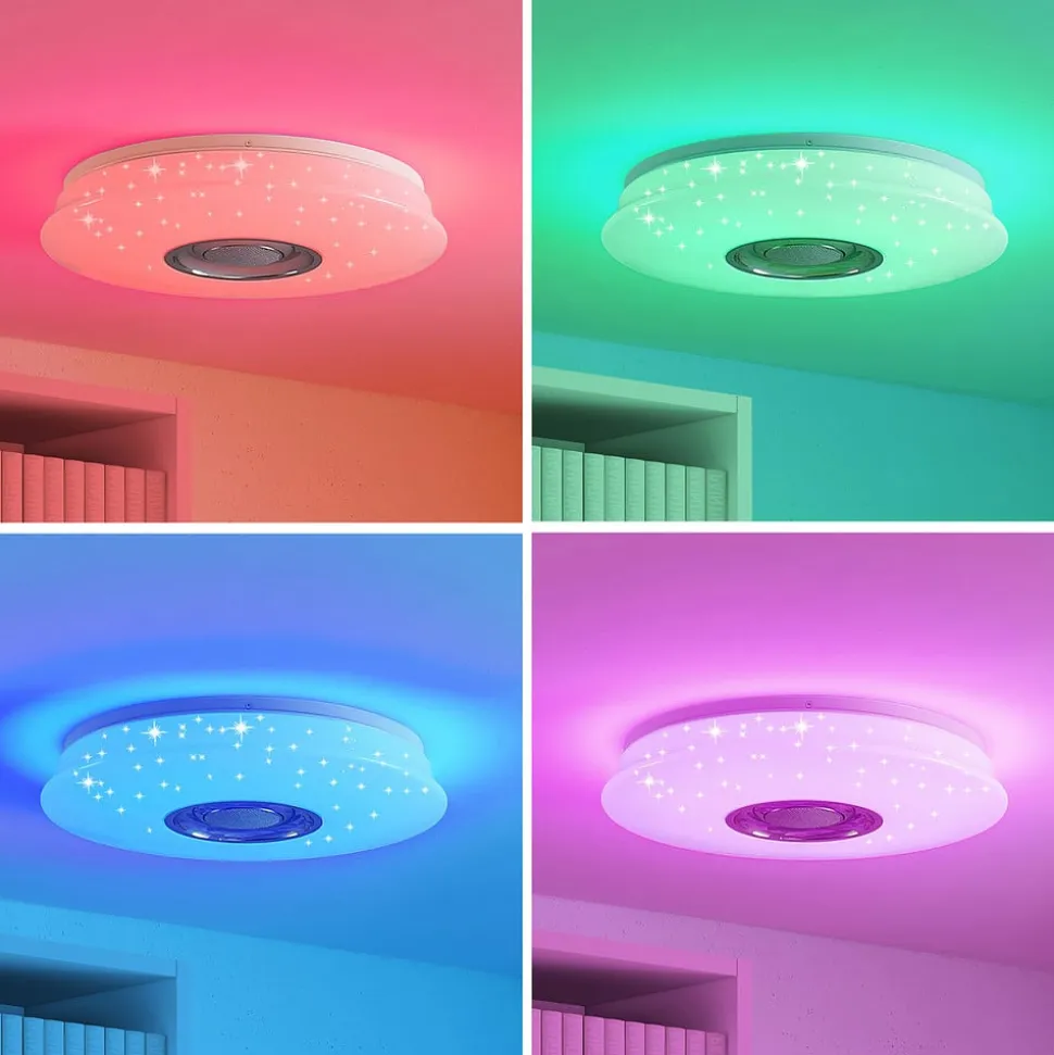 Lindby LED-loftlampe Elpida, højttaler, hvid, Ø 39cm