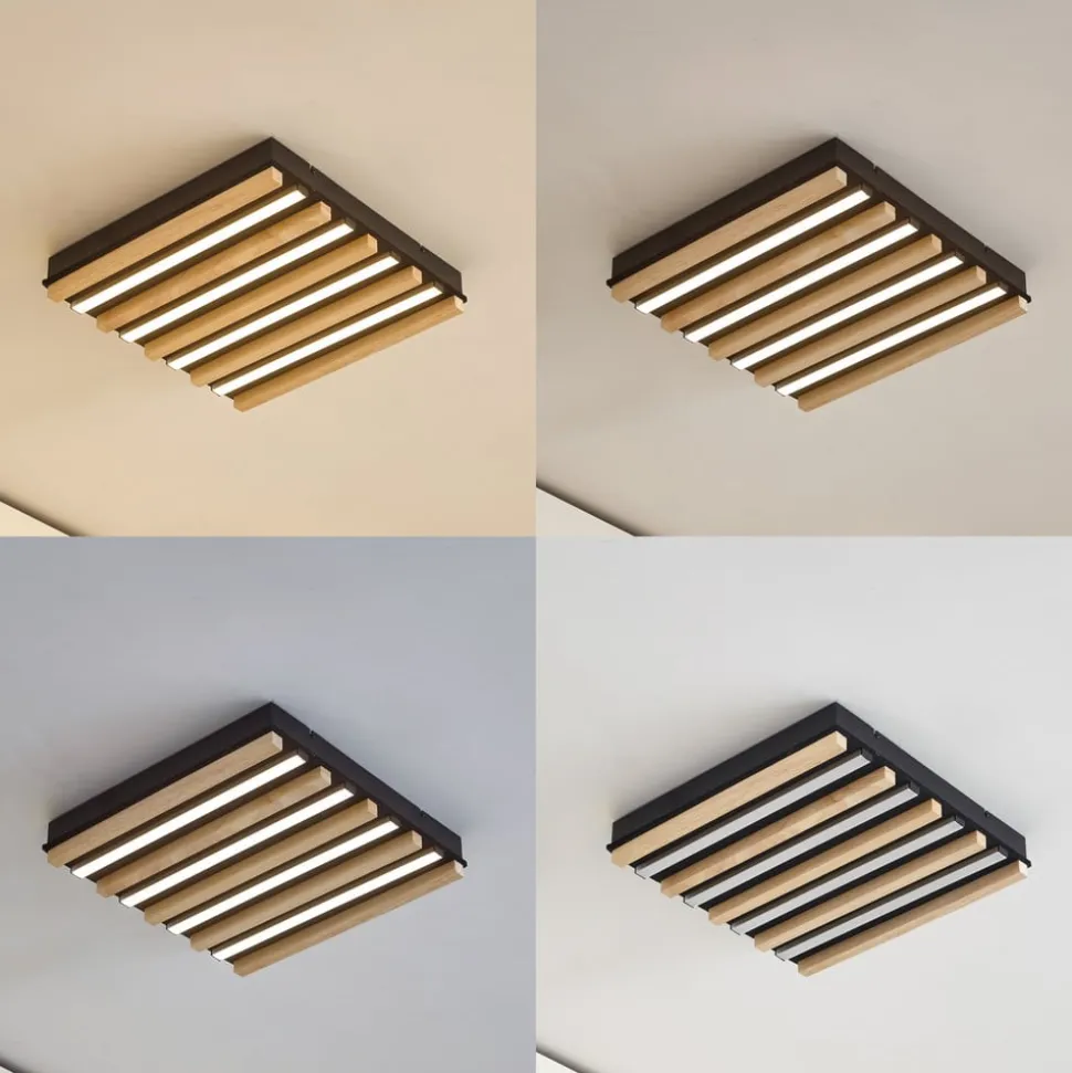 Lindby LED-loftlampe Firka, hvid, træ, 42 cm, CCT, dæmpbar.
