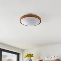 Lindby LED-loftlampe Mendosa, rund, lyst træ, Ø 29cm