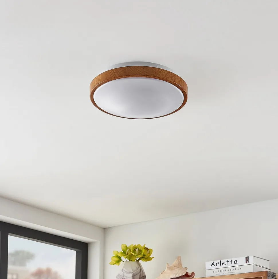 Lindby LED-loftlampe Mendosa, rund, lyst træ, Ø 29cm