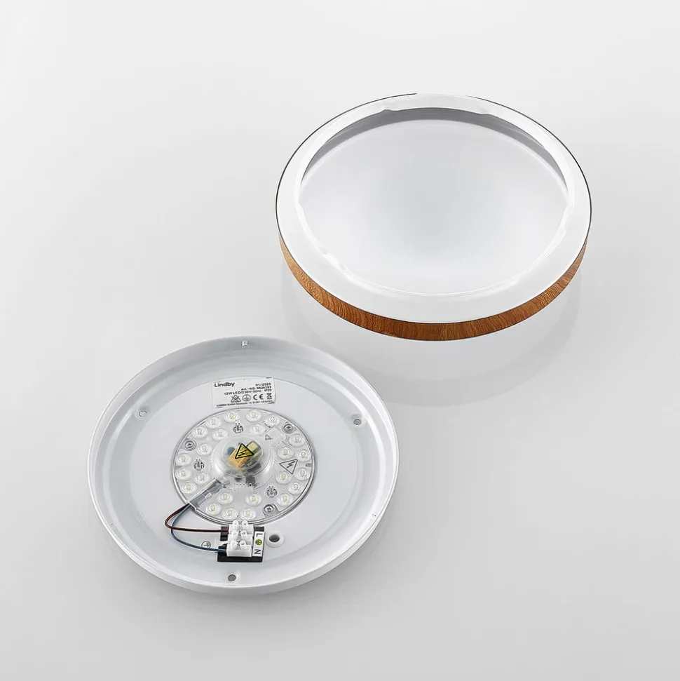 Lindby LED-loftlampe Mendosa, rund, lyst træ, Ø 29cm