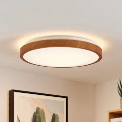 Lindby LED-loftlampe Mynte, Ø42cm, trælook, plast
