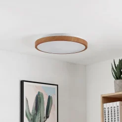 Lindby LED-loftlampe Mynte, Ø42cm, trælook, plast