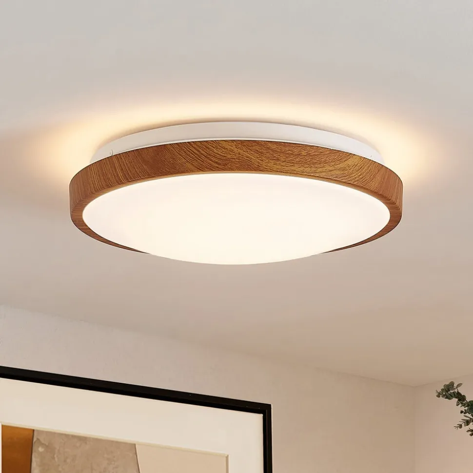 Lindby LED-loftlampe Mynte, Ø30cm, trælook, plast