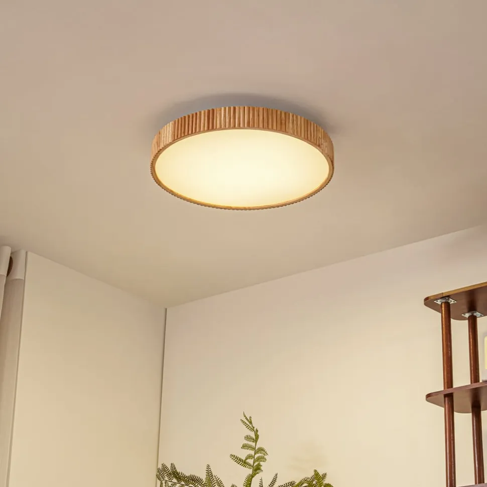 Lindby LED-loftlampe Velua, hvid/lys træ, CCT, Ø 50 cm