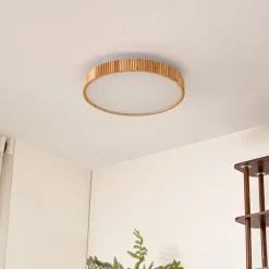 Lindby LED-loftlampe Velua, hvid/lys træ, CCT, Ø 50 cm