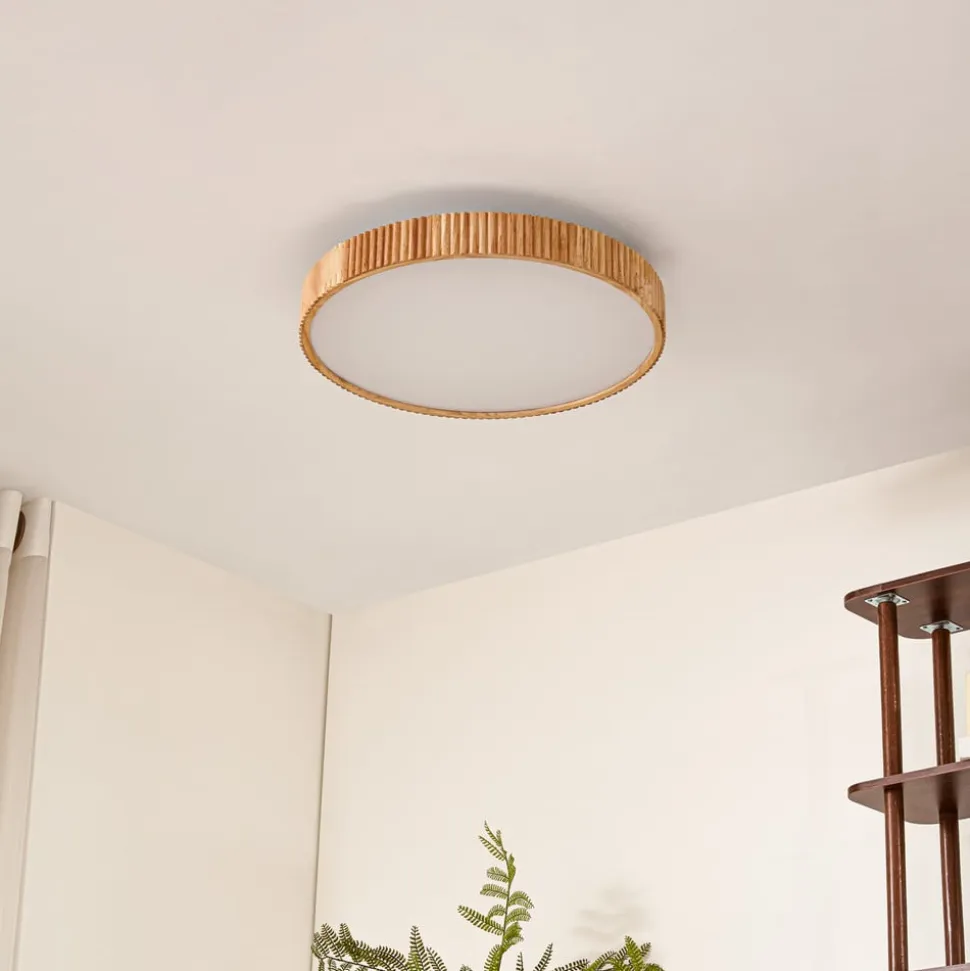 Lindby LED-loftlampe Velua, hvid/lys træ, CCT, Ø 50 cm