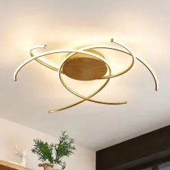Lindby LED-loftlampe Yareli, guld, metal, Ø 70 cm