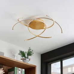 Lindby LED-loftlampe Yareli, guld, metal, Ø 70 cm