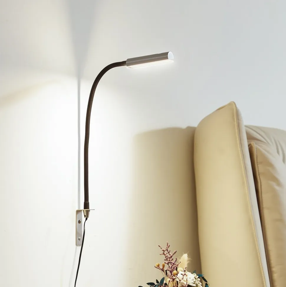 Lindby LED-læselampe Flexola, nikkel, kantet, metal, stik
