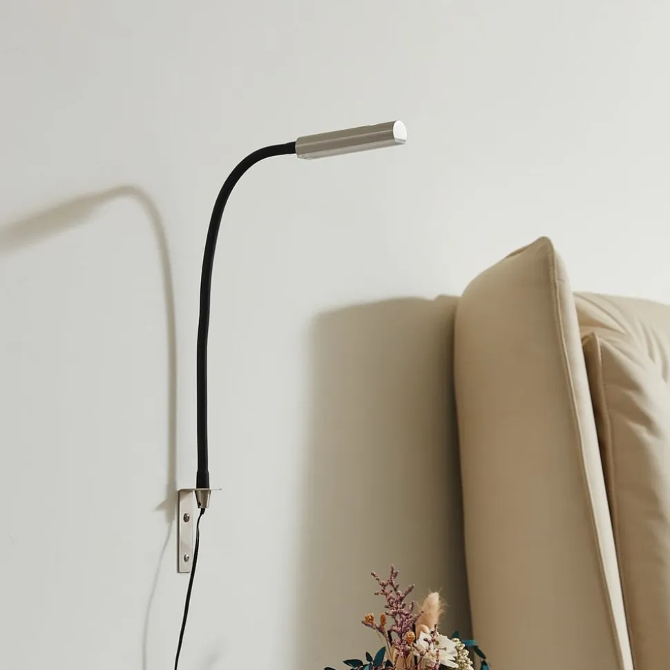 Lindby LED-læselampe Flexola, nikkel, kantet, metal, stik