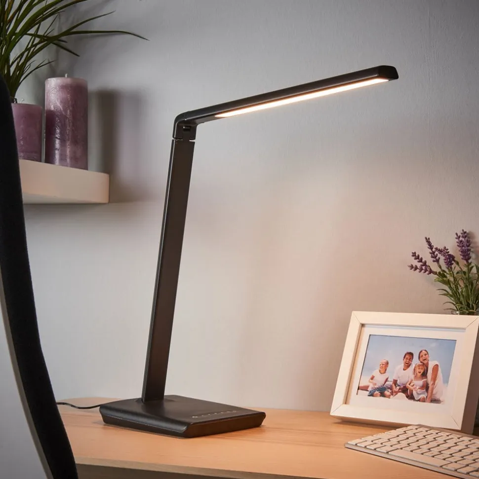 Lindby LED-skrivebordslampe Kuno, sort, USB, touchdæmper