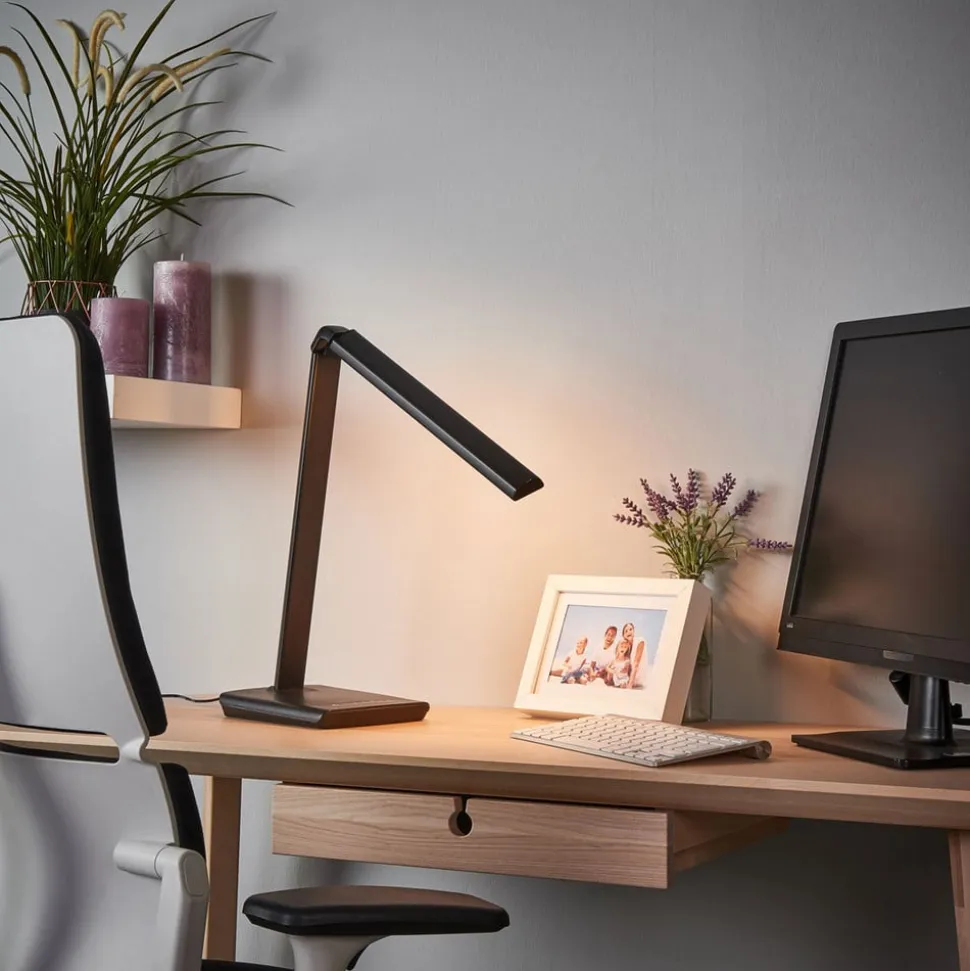 Lindby LED-skrivebordslampe Kuno, sort, USB, touchdæmper