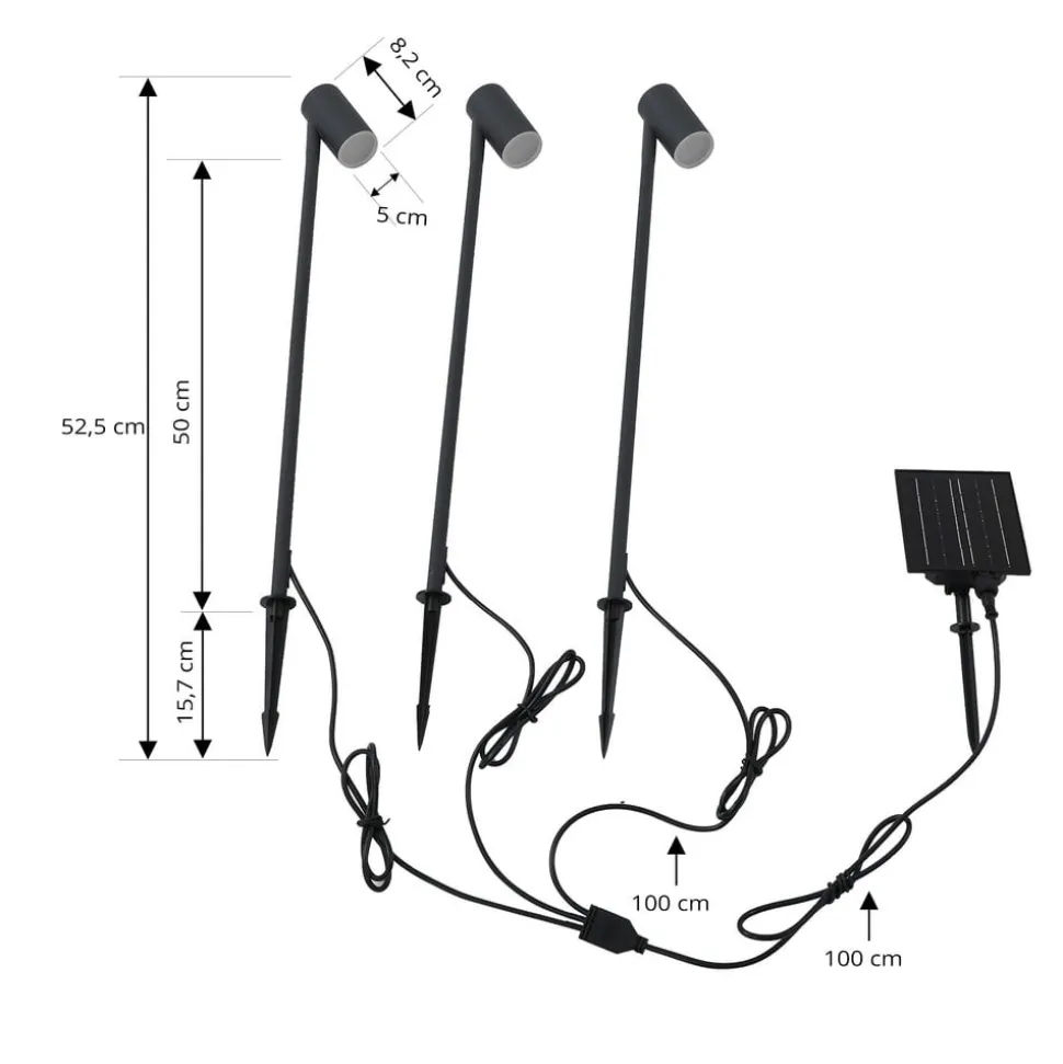 Lindby LED-solcellelampe Myric, sæt med 3, sort, aluminium, 3.000K