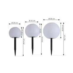 Lindby LED-solcellelamper Lago, sæt med 3, kugler, jordspyd, hvid