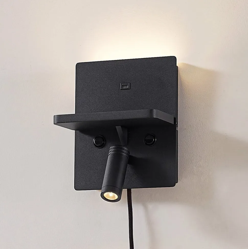 Lindby LED-væglampe Auden, sort, stik, ladestation