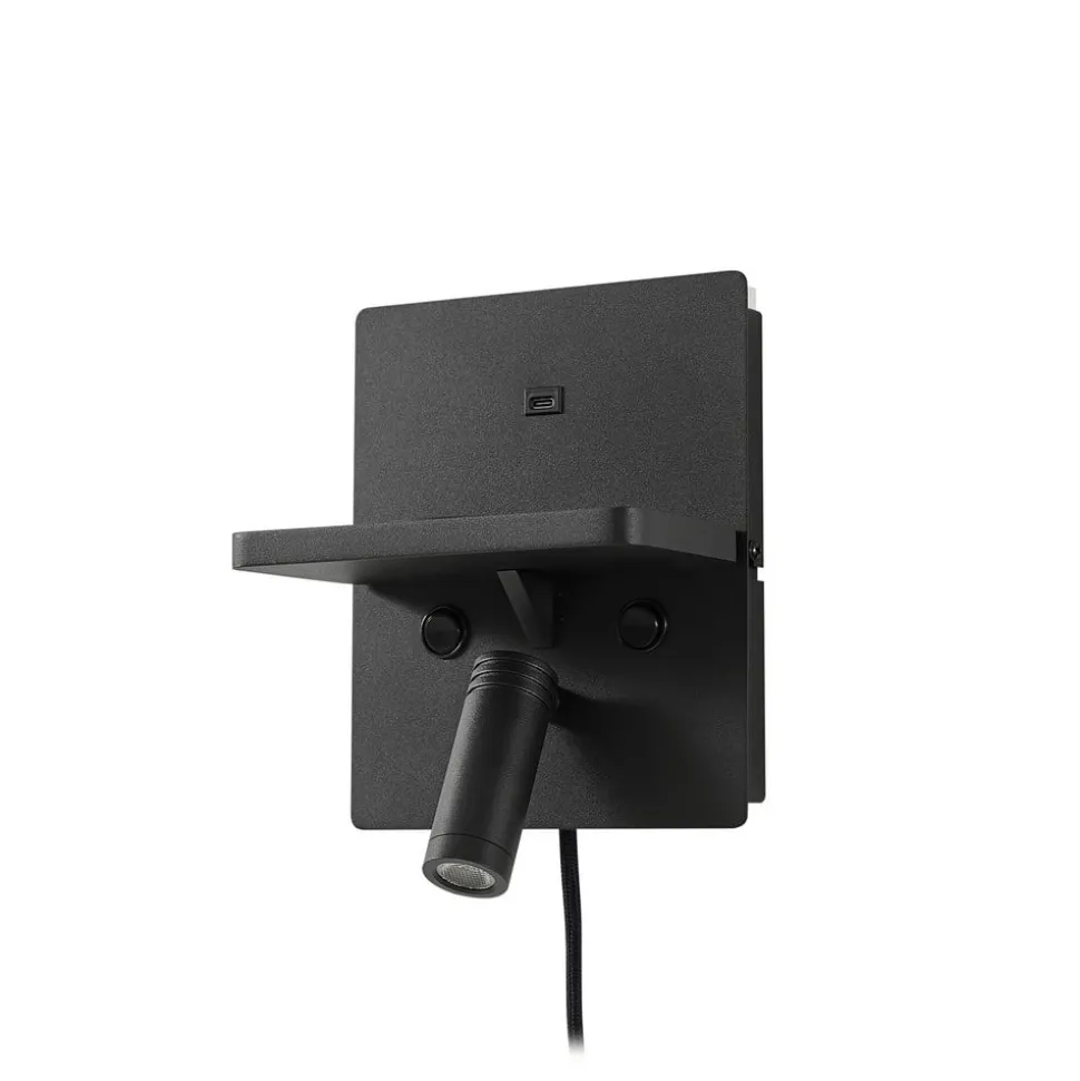 Lindby LED-væglampe Auden, sort, stik, ladestation