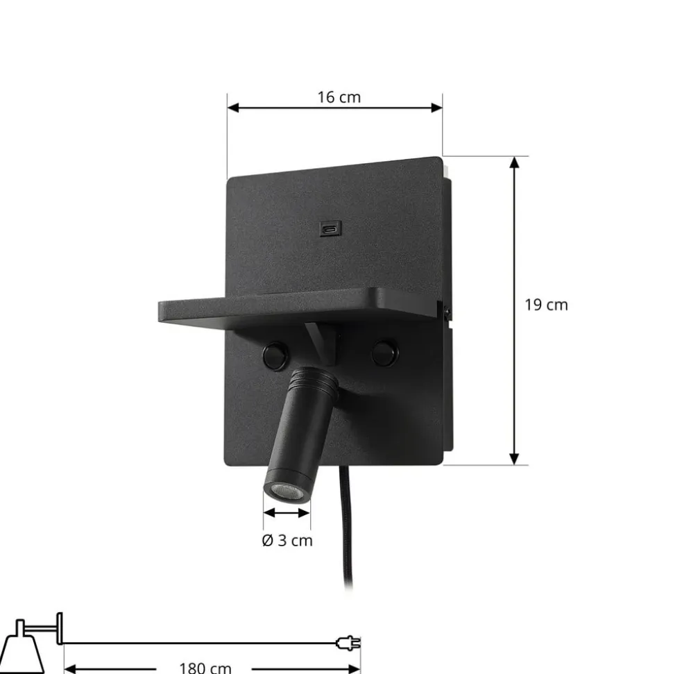 Lindby LED-væglampe Auden, sort, stik, ladestation