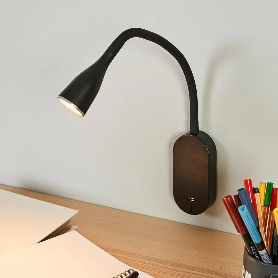 Lindby LED-væglampe Enna, 34 cm, sort, afbryder, USB