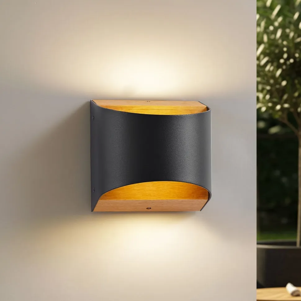 Lindby LED-væglampe Lenore, sort, metal, 13 cm, IP44