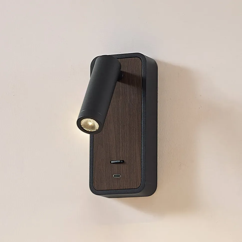 Lindby LED-væglampe Tallis, sort, USB-C, bevægelig