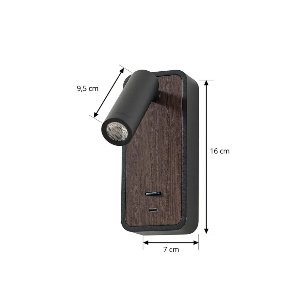Lindby LED-væglampe Tallis, sort, USB-C, bevægelig
