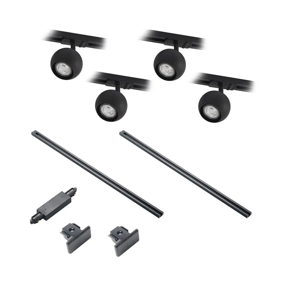Lindby Linaro skinnesystem, GU10, 4 lyskilder, sort, Ø 9 cm