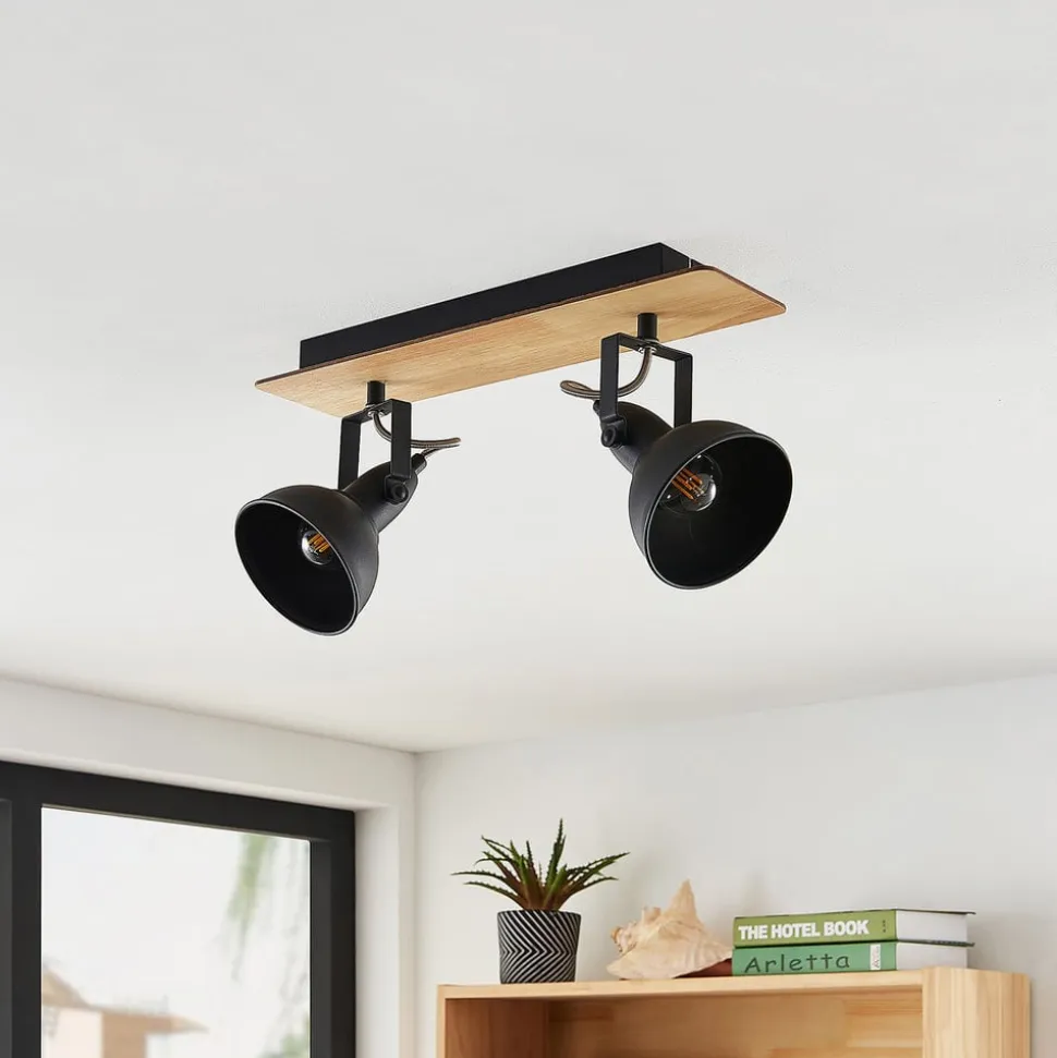 Lindby loftlampe Aylis, 2 lyskilder, 40 cm, sort, træ, E14