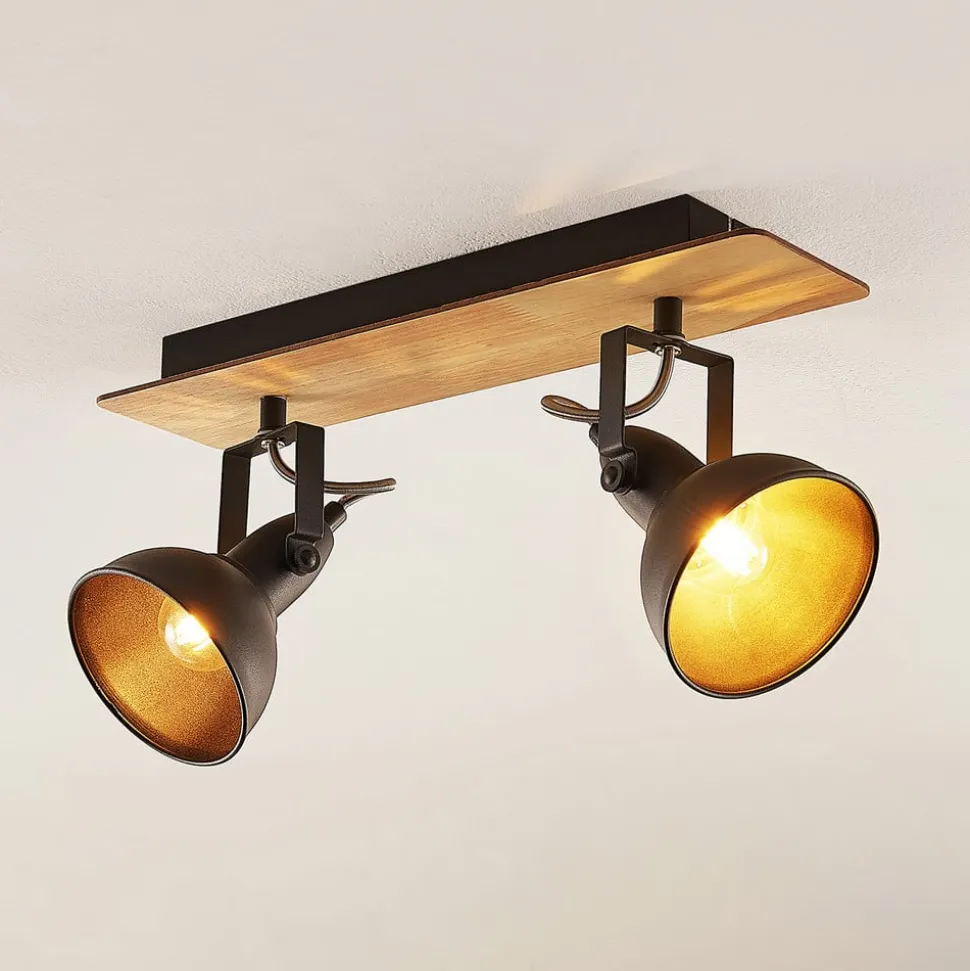 Lindby loftlampe Aylis, 2 lyskilder, 40 cm, sort, træ, E14