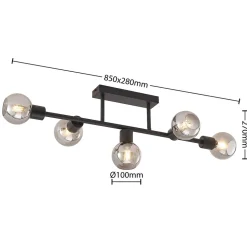 Lindby loftlampe Biscala, 5 lyskilder, sort/røget, E14