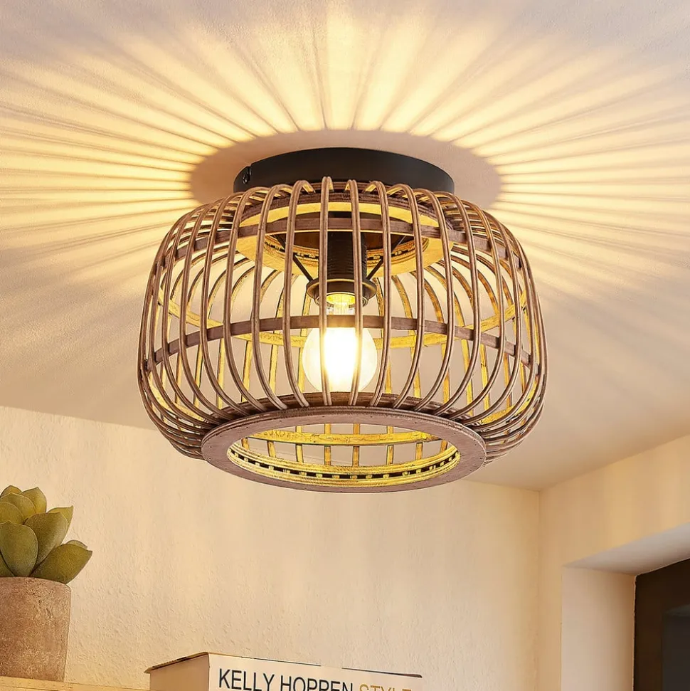 Lindby loftlampe Bominio, Ø 33 cm, rattan, træ, E27