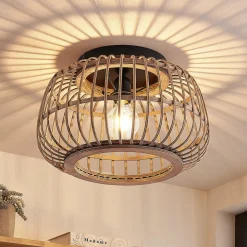 Lindby loftlampe Bominio, Ø 40 cm, rattan, træ, E27