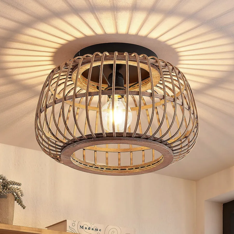 Lindby loftlampe Bominio, Ø 40 cm, rattan, træ, E27