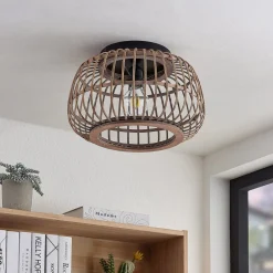 Lindby loftlampe Bominio, Ø 40 cm, rattan, træ, E27