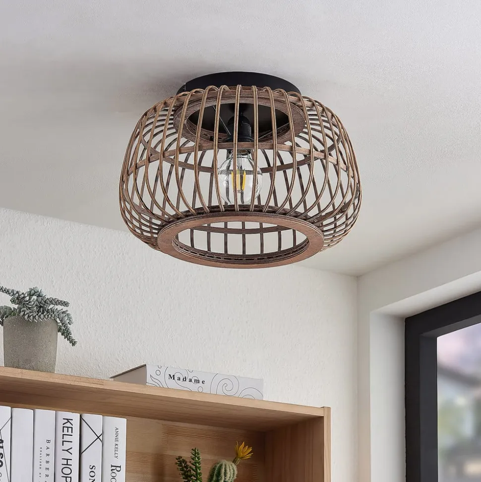Lindby loftlampe Bominio, Ø 40 cm, rattan, træ, E27