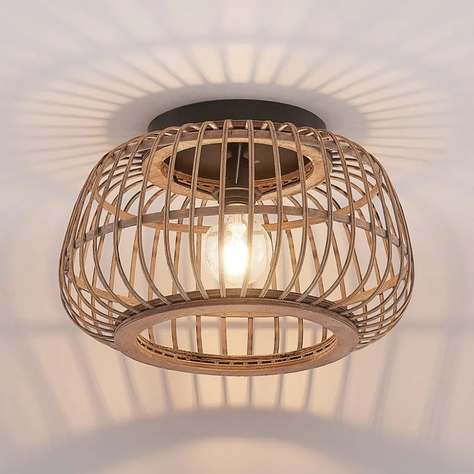Lindby loftlampe Bominio, Ø 40 cm, rattan, træ, E27