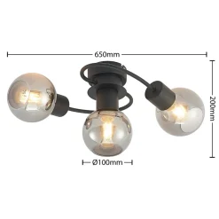Lindby loftlampe Ciala, 3 lyskilder, sort, røgfarvet, glas