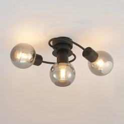 Lindby loftlampe Ciala, 3 lyskilder, sort, røgfarvet, glas