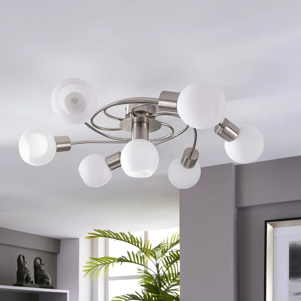Lindby loftlampe Ciala, 7 lyskilder, nikkelfarvet, glas