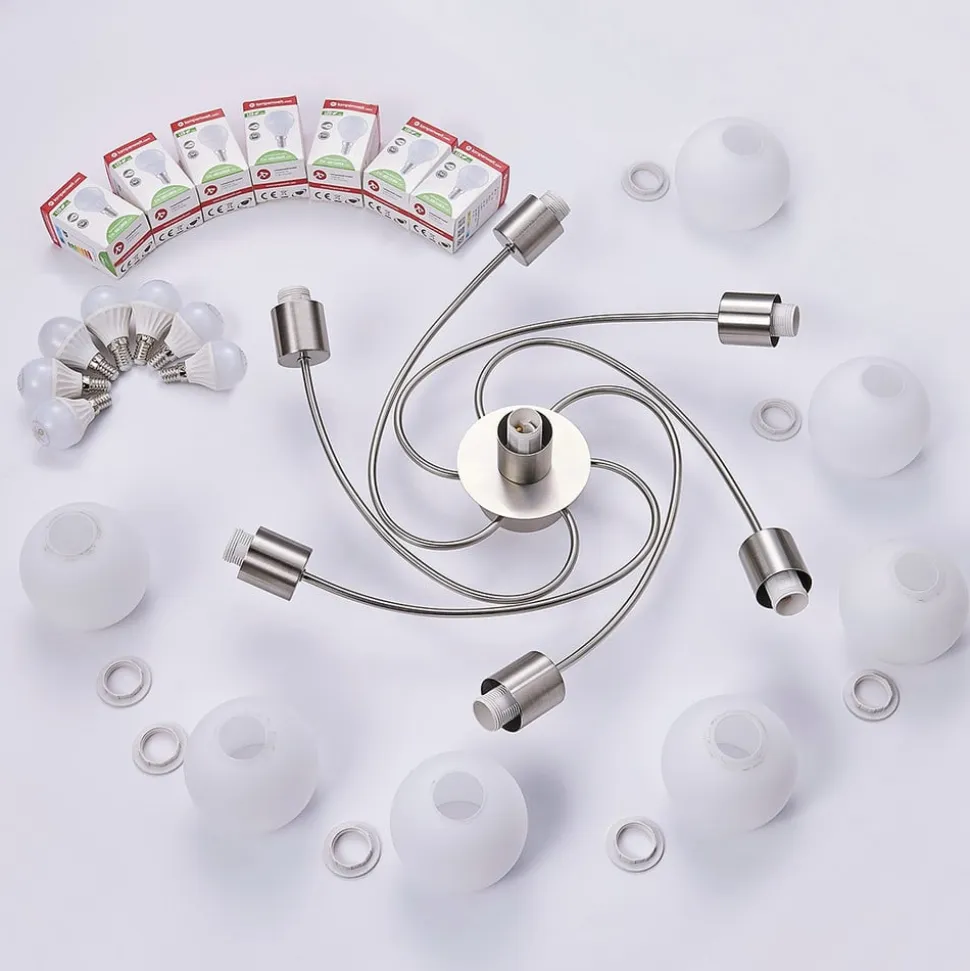 Lindby loftlampe Ciala, 7 lyskilder, nikkelfarvet, glas