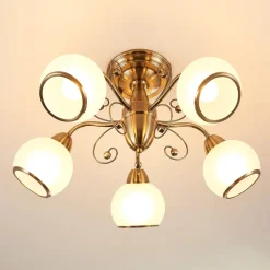 Lindby loftlampe Corentin, 5 lyskilder, hvid/messing, glas