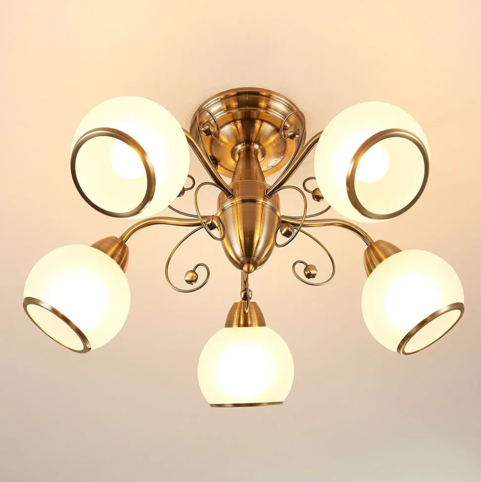 Lindby loftlampe Corentin, 5 lyskilder, hvid/messing, glas