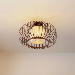 Lindby loftlampe Davella, Ø 50 cm, bambus, tekstil