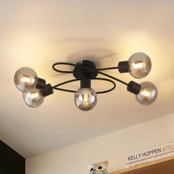Lindby loftlampe Elaina, 66 cm, 5 lyskilder, sort/røget, E14