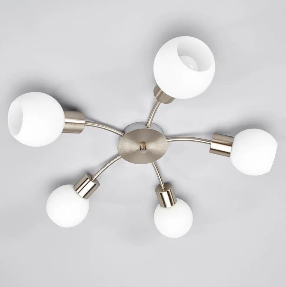 Lindby loftlampe Elaina, Ø 54cm, 5 lyskilder, nikkel, glas, E14