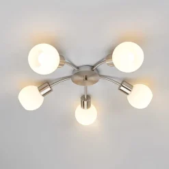 Lindby loftlampe Elaina, Ø 54cm, 5 lyskilder, nikkel, glas, E14
